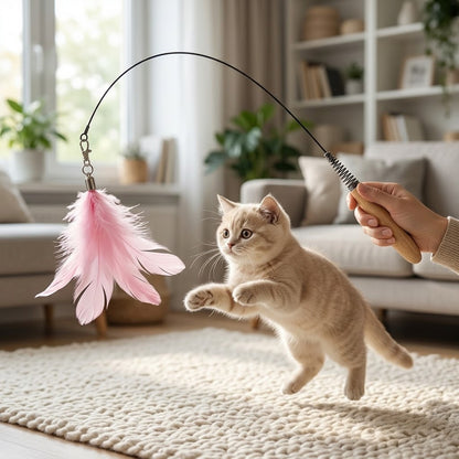 Wooden handle feather cat wand toy