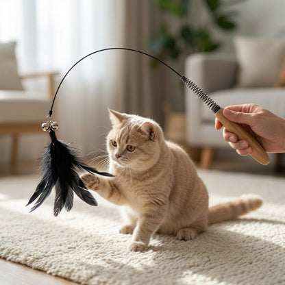 Wooden handle feather cat wand toy