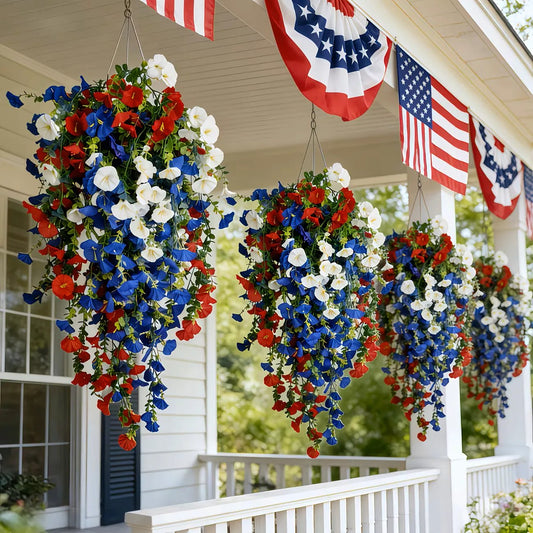 Patriotic Hanging Flower Basket with Solar Lights